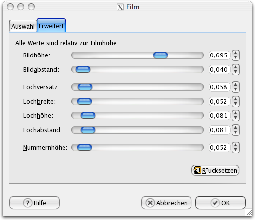 Eigenschaften (Erweitert) für das Filter Film